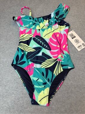 Members‎ Mark Girls' Tropical Leaf One-Piece Swimsuit - Green & Pink Size Medium